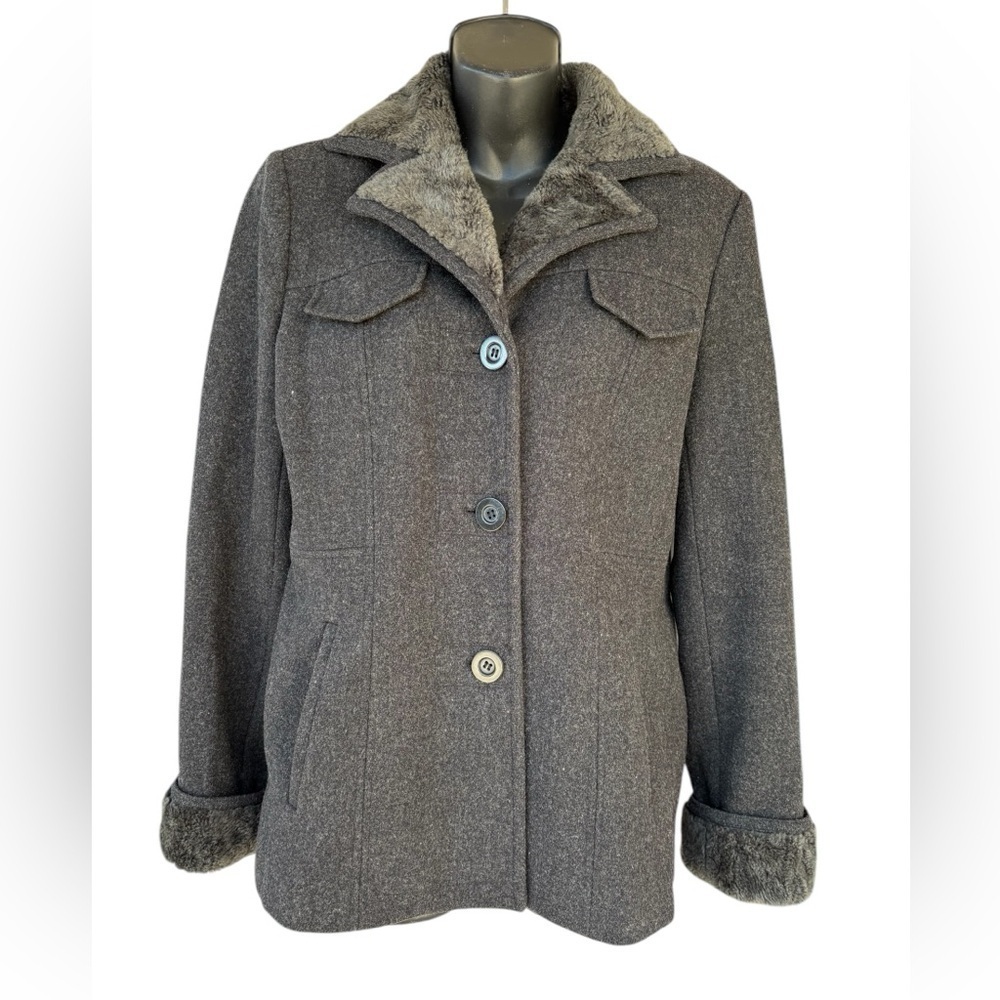 St. John's Bay Wool charcoal Gray Button Up Lined Heavy Coat womens Sz S used